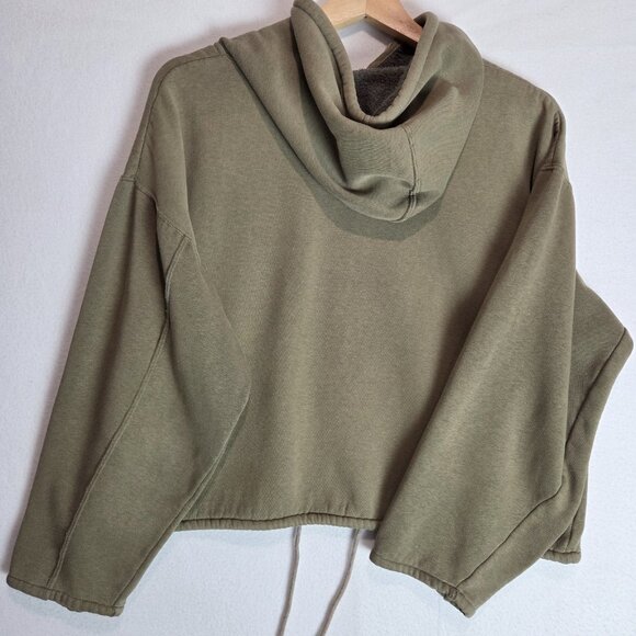 Cropped Hoodie Womens M Drawstring Olive Green Tweed Distressed Sweatshirt Hood - Picture 2 of 8